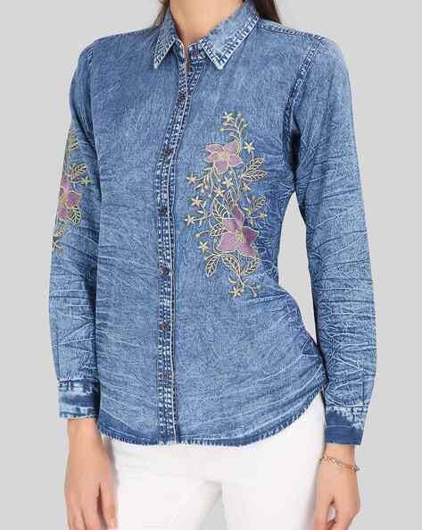 Embroidered Denim Shirts Women | Women Blouse Denim Embroiders - 2023  Autumn Denim - Aliexpress