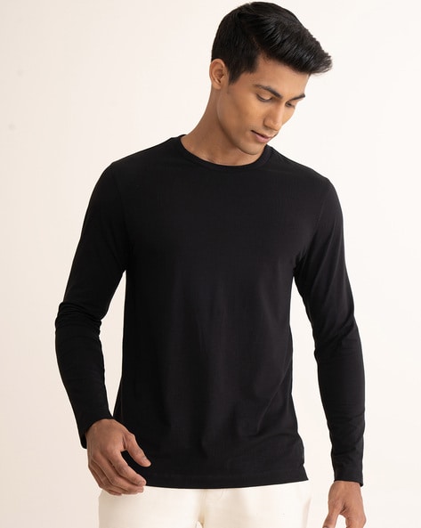 Basic Black Cotton Blend Long Sleeve Fitted T Shirt