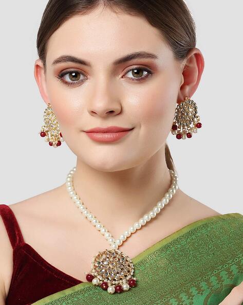 Pearl kundan choker with low price, Gold plated carved stone jewelry, –  Indian Designs