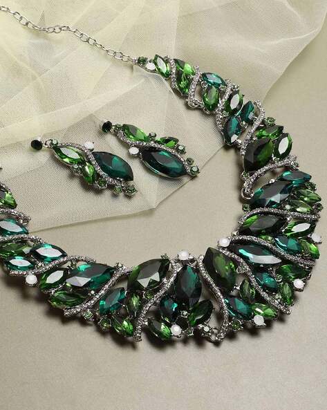 Vintage Pennino Emerald Green Rhinestone Necklace and Earring Set