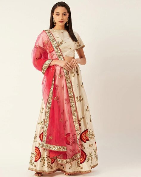 Beige Satin Silk Designer Lehenga With Red Dupatta