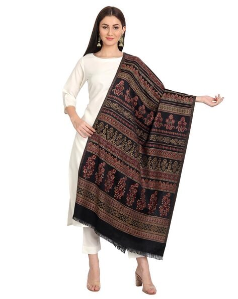 Floral Pattern Shawl with Frayed Hemline Price in India