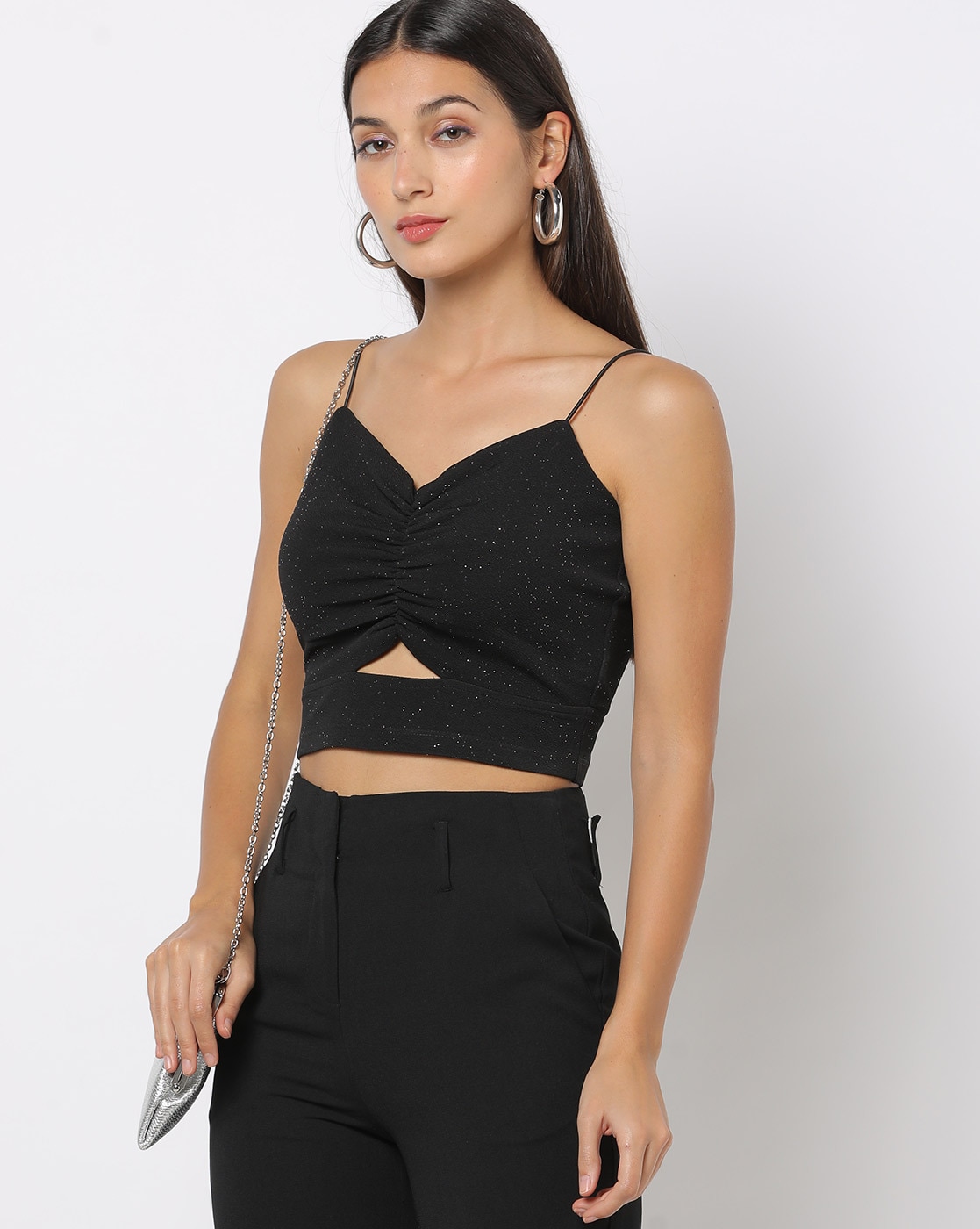 Women's Black Ruched Cut Out Top, Char