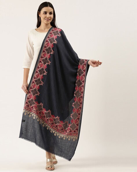 Embroidered Woolen Shawl with Frayed Hem Price in India