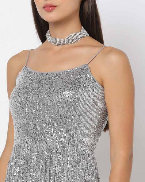 Silver Maxi Dress - Side Slit Long Dress - Sweetheart Neckline Dress
