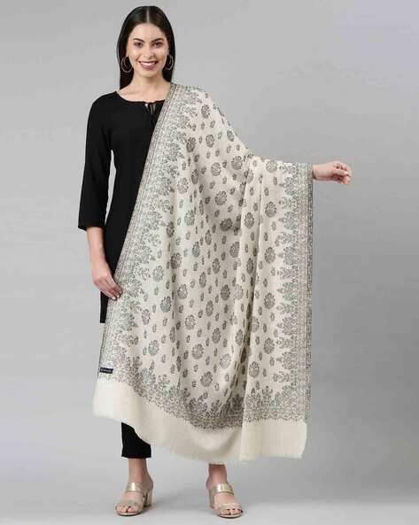 Floral Woven Shawl with Frayed Hem Price in India