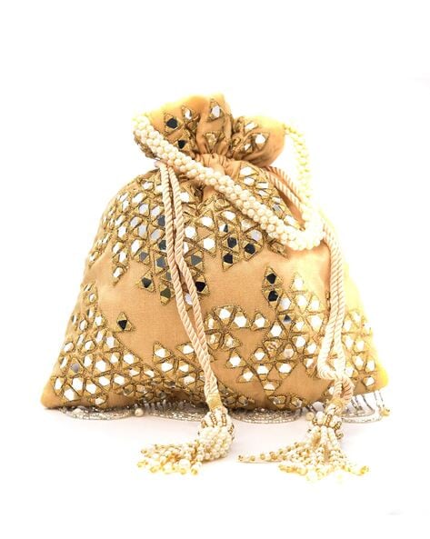 Buy Gold Beige Potli Bag In Brocade Silk With Pink Geometric Jaal Design  KALKI Fashion India