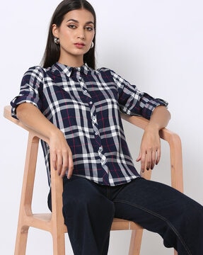 Buy Navy Blue Shirts For Women By Dnmx Online | Ajio.Com