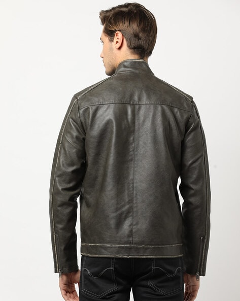 Luck Slim Front Zip Up Leather Jacket Black
