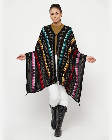 Striped Knitted Open-Front Cape with Tassels Price in India