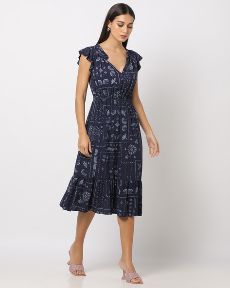 Erre Flutter Sleeve Fit & Flare Dress, Navy