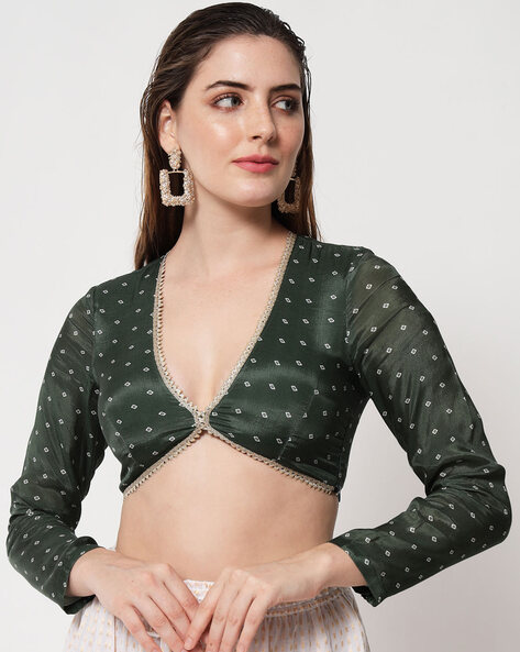 Niharikaa Metallic Green Padded V Neck Blouse With A Smart Collar And Front  Closure, All Over Copper Gold Zari Embroidery at Rs 2439/piece, Designer  Blouse