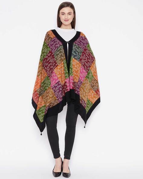 Floral Print Open-Front Cape with Tassels Price in India