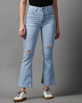 High Rise Destructed Crop Ankle Flare Jeans