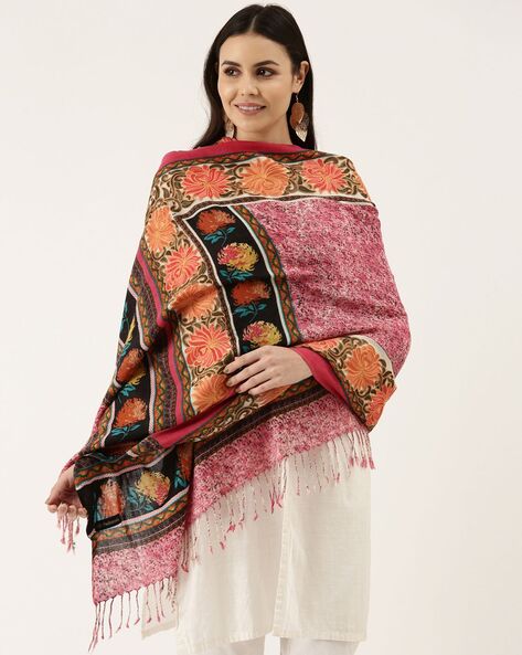 Embroidered Woolen Shawl with Fringes Price in India