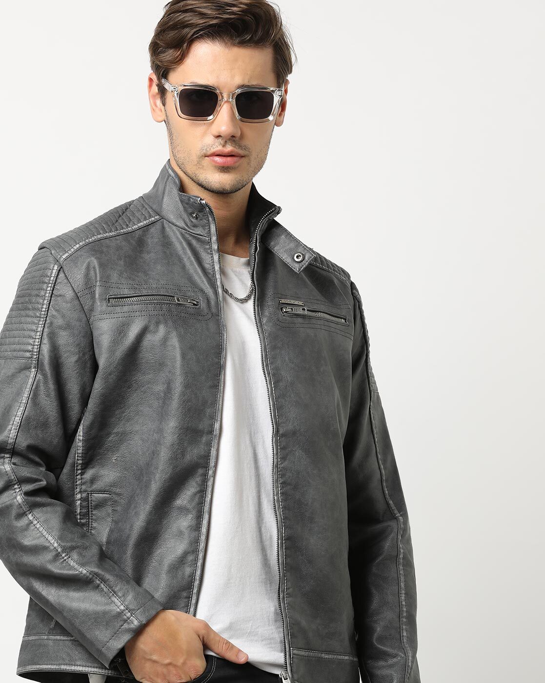 Grey mens leather jacket hotsell