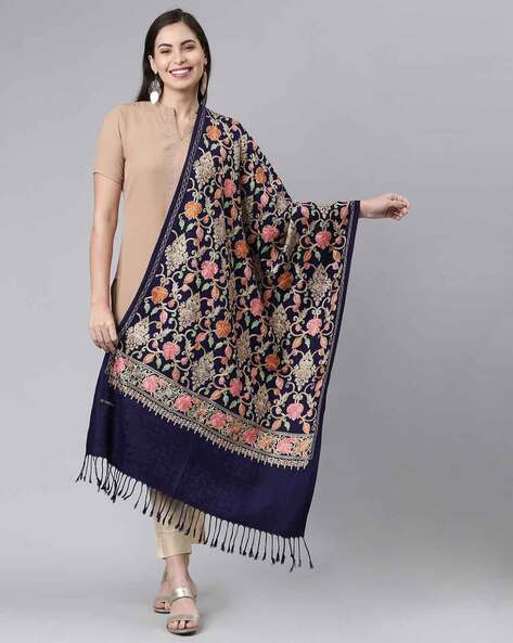 Floral Embroidered Kashmiri Shawl with Fringes Price in India