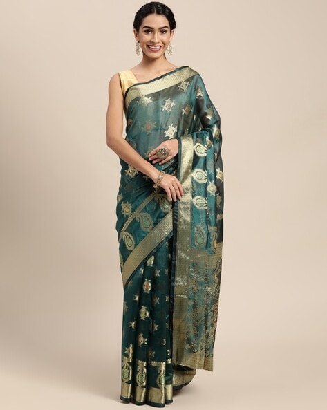 Buy Beatitude Green Floral Print Organza Saree with Unstitched Blouse online