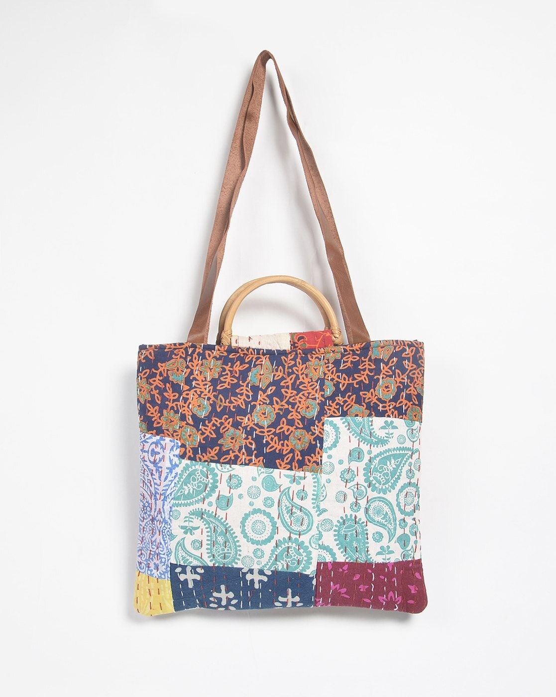 QURA Printed Kantha Patchwork Tote Bag For Women (Blue, OS)