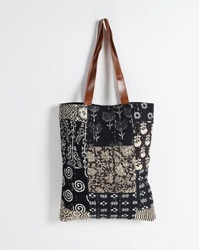 QURA Printed Kantha Patchwork Tote Bag For Women (Blue, OS)