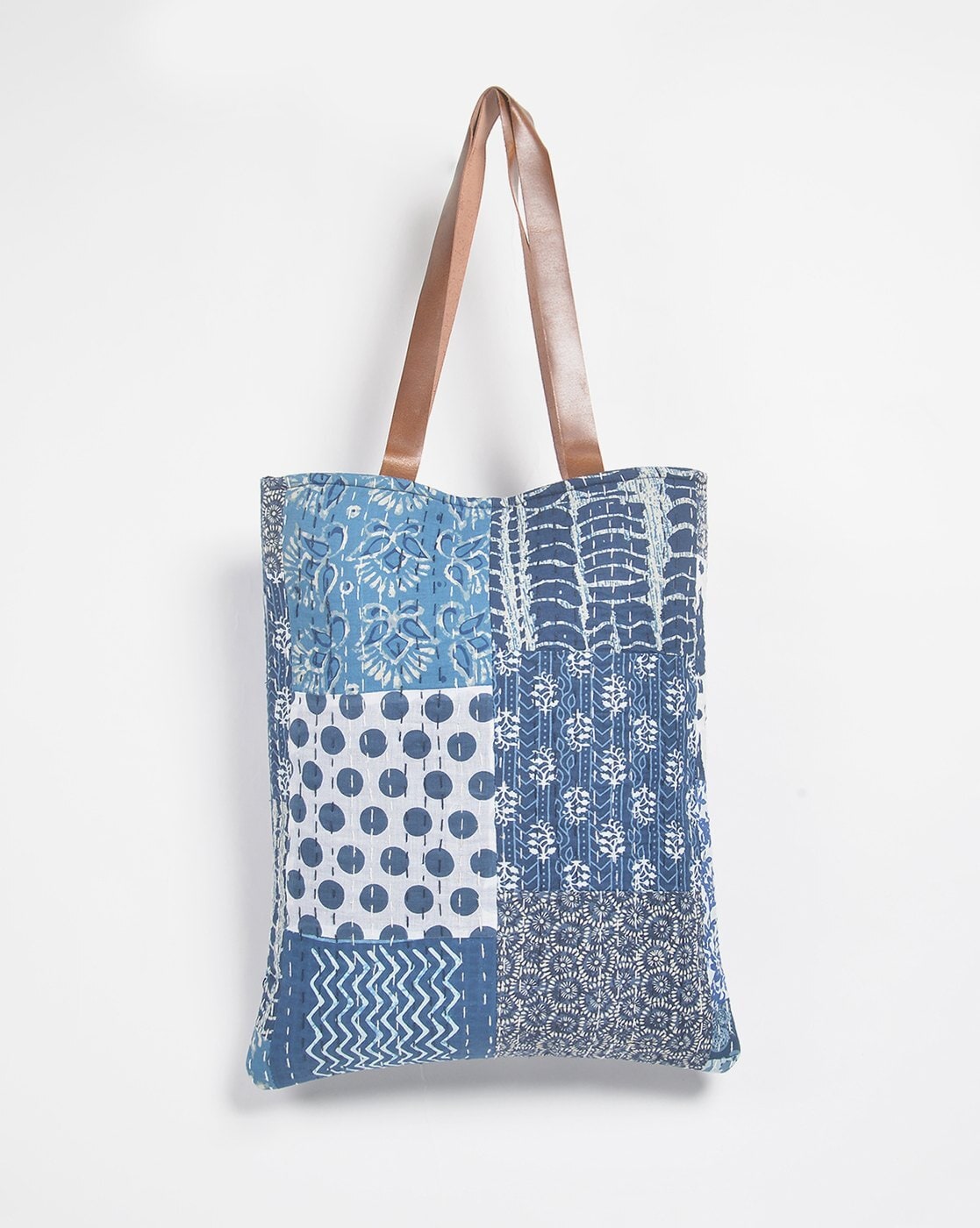 QURA Printed Kantha Patchwork Tote Bag For Women (Blue, OS)