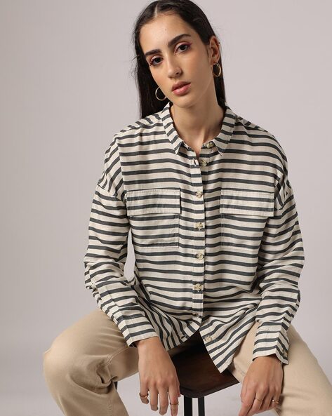Striped Loose Fit Shirt with Flap Pockets