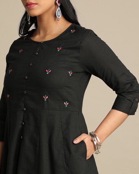 Fashion Detail Button Flare Dress -Pink And Black.