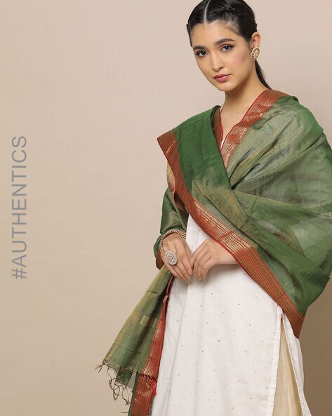 Handloom Pure Maheswari Tissue Dupatta with Zari Border Price in India