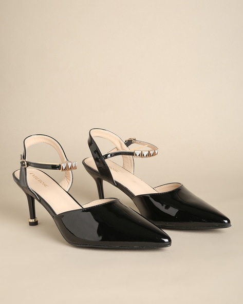 Black Patent Ankle-Strap Cylindrical Heel Sandals - CHARLES & KEITH US