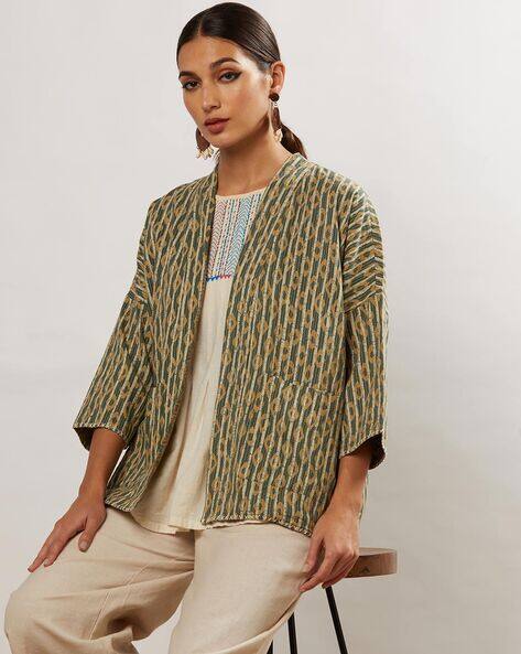 Women Green & White Striped Rib Front Open Shrug