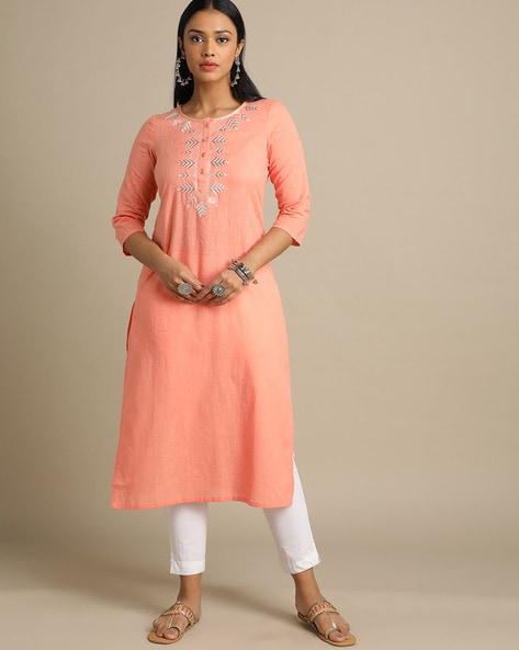 Embroidered Straight Kurta with Insert Pocket
