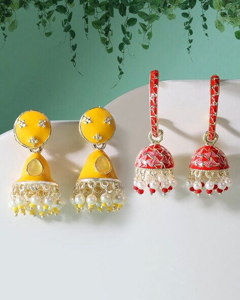 Bahaar meenakari Chandbali earrings-Pink – Rohika Store