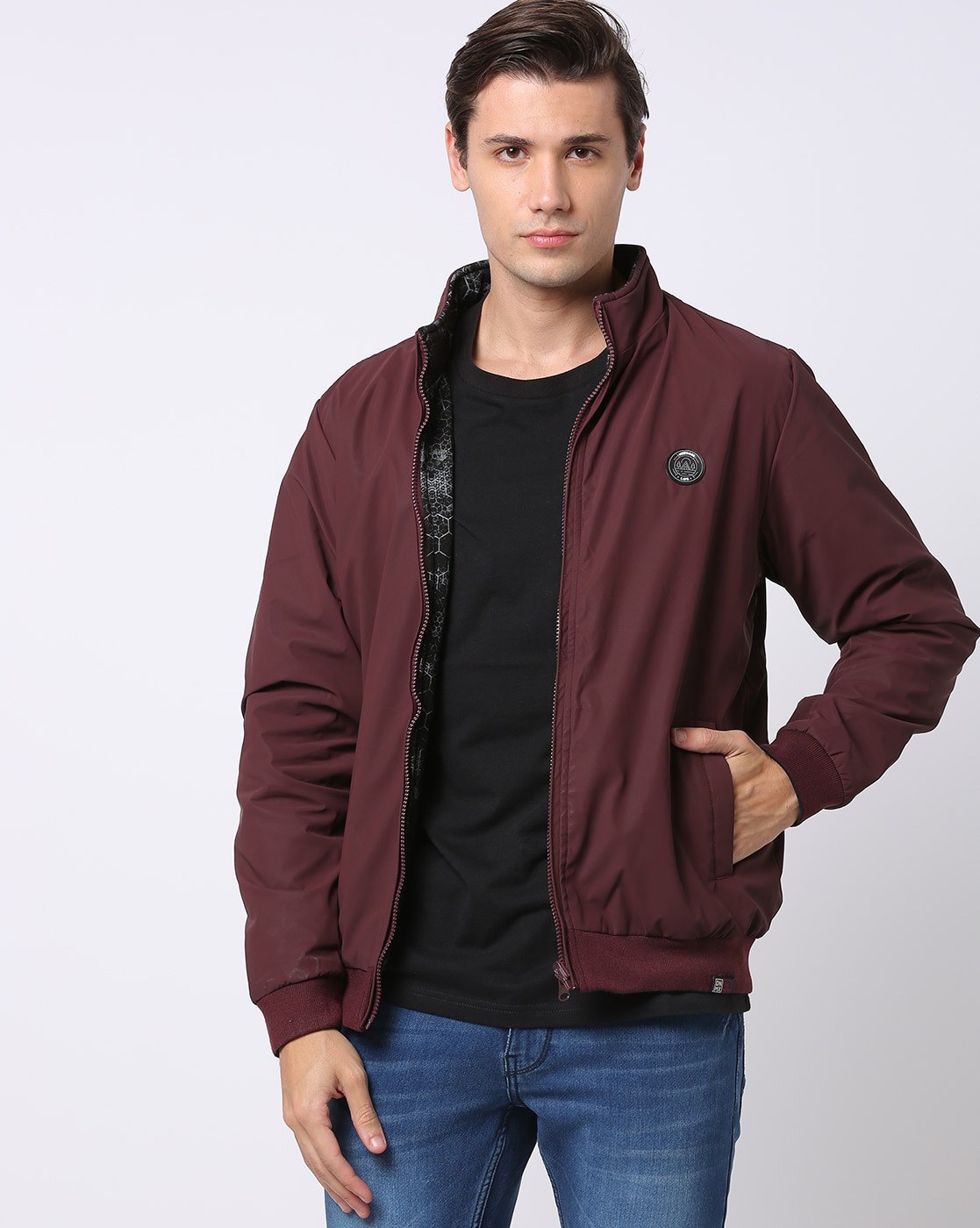 Buy Men's Black & Maroon Color Block Hooded Jacket Online at Bewakoof