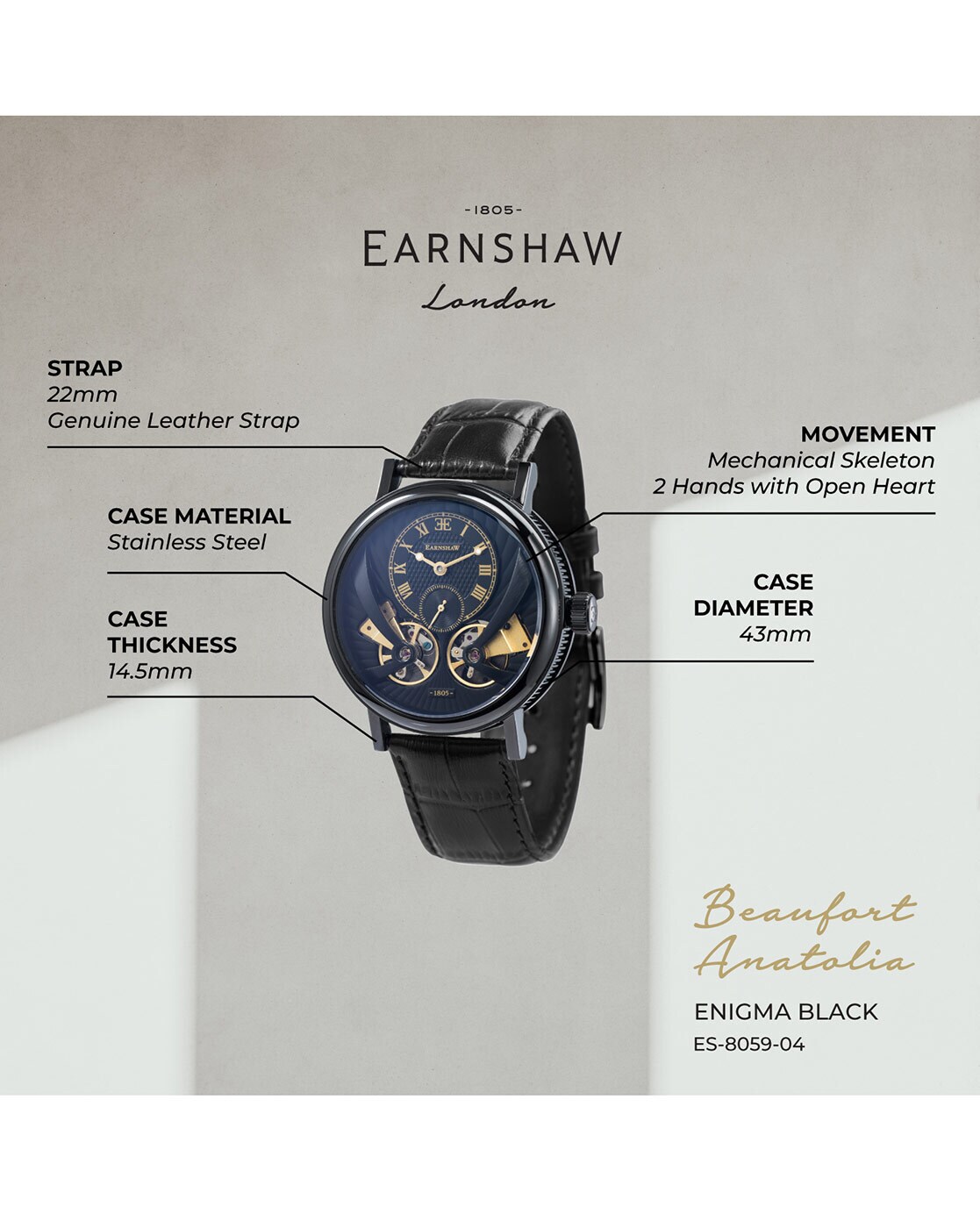 Thomas Earnshaw Men's ES-8083-11 Beaufort 43mm Automatic Watch | eBay