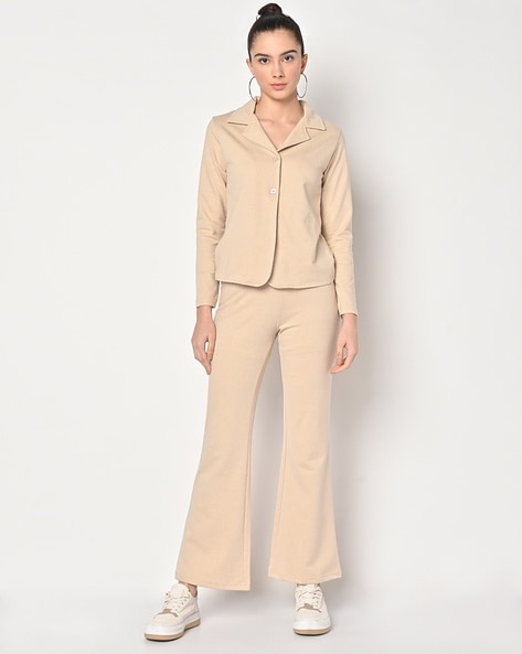 Women Pearls Decoration Belted Light Beige Blazer + Flare Trousers Sui