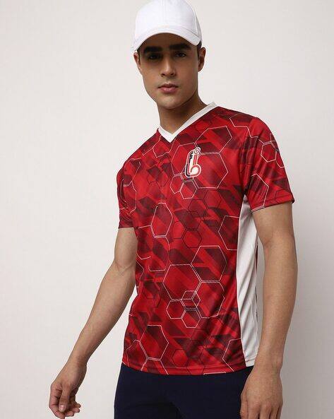 FILA Regular Fit Geometric Print Print V-Neck T-Shirt