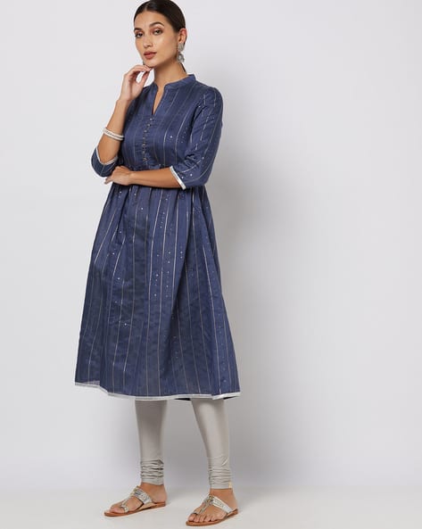 FUSION Striped A-Line Kurta (Navy)