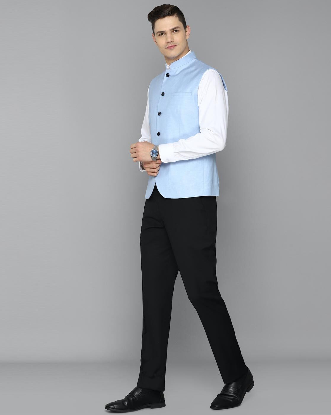 Powder Blue Neo-Floral Nehru Jacket Set - VARUN CHAKKILAM - 4081868