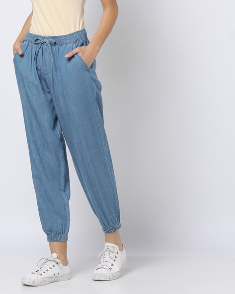 Casual Spring Drawstring Ankle-length Loose Jogger Jeans Women Solid Color  Streetwear Denim Pants All-match Elastic Denim Pants - AliExpress