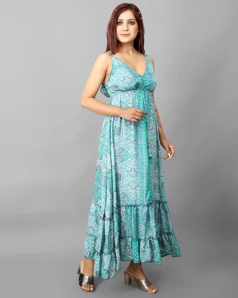 Cottinfab Women Green & Blue Ethnic Printed A-Line Maxi Dress