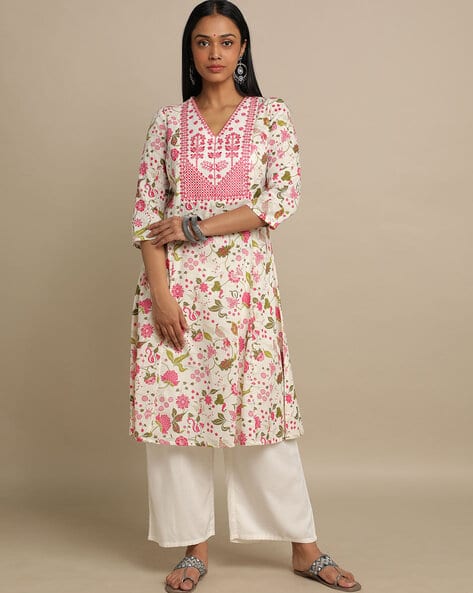 Acai Floral Print V-Neck A-Line Kurta