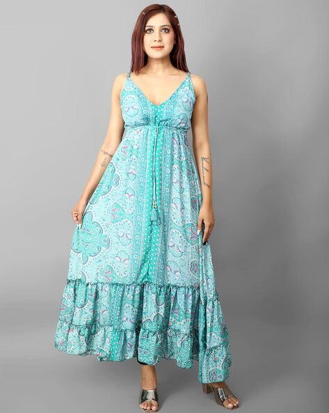 Cottinfab Women Green & Blue Ethnic Printed A-Line Maxi Dress