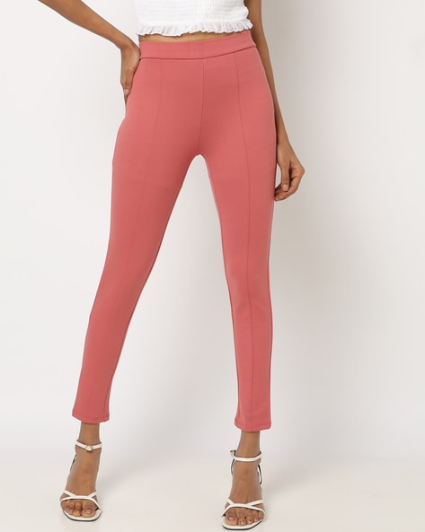 Red High Waisted Treggings with Zipper Accent Pockets