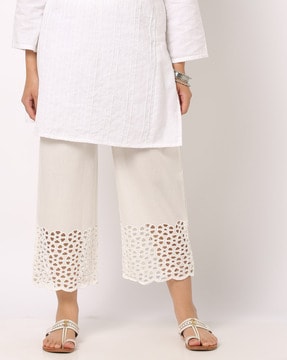 White Solid Flared Palazzo with Lace Inserts on Hem - Saffron Threads