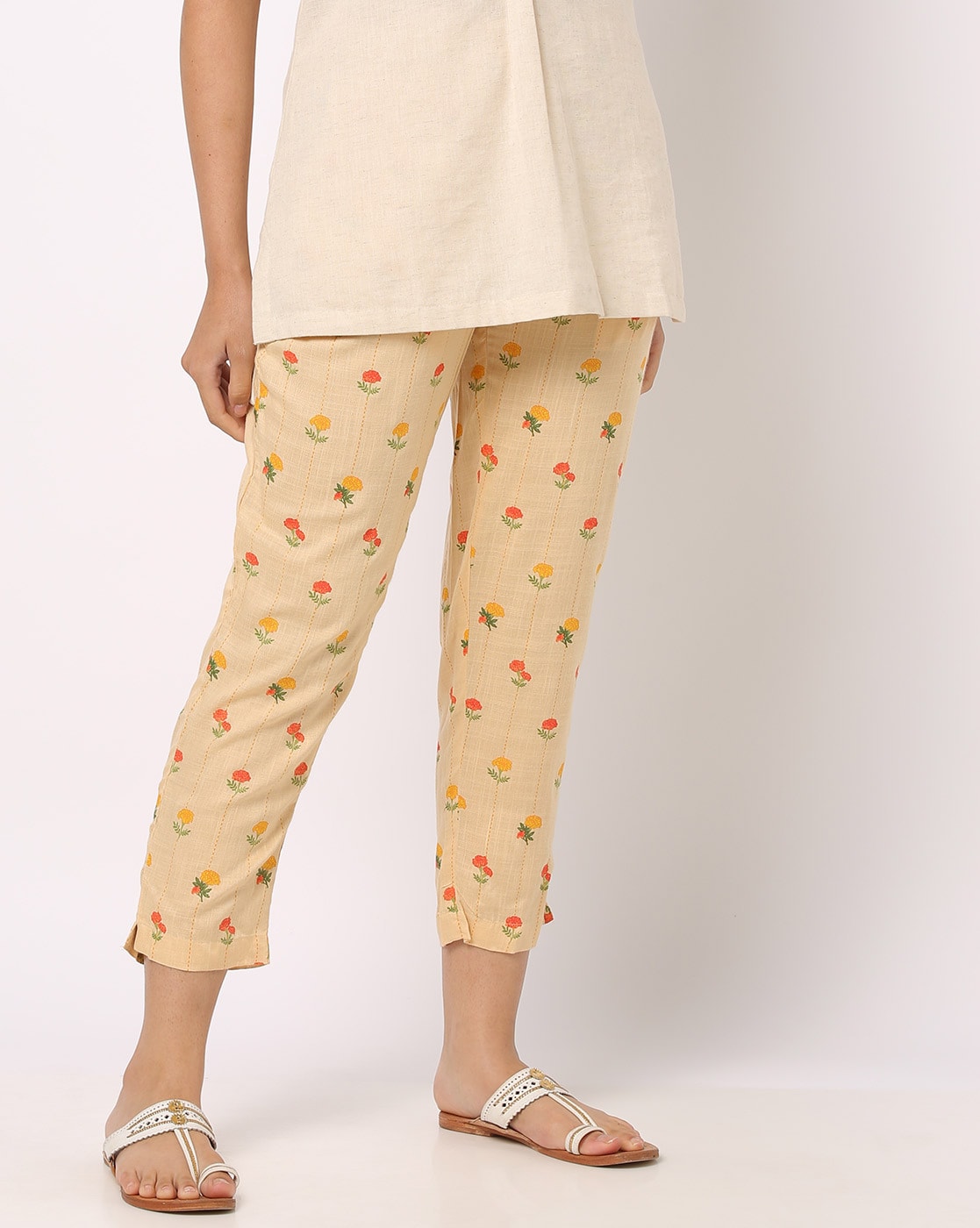 Beige Mid Rise Wide Leg Floral Pants