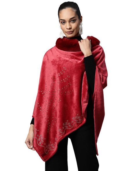 Embellished Velvet Poncho with Fur Neckline Price in India