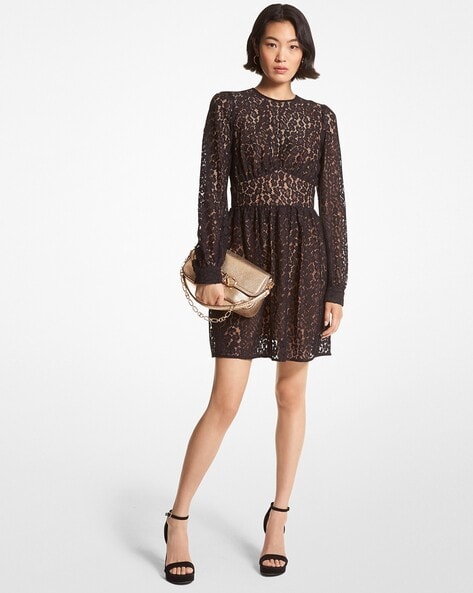 Buy Michael Kors Leopard Corded Lace Mini A-Line Dress | Black Color Women  | AJIO LUXE
