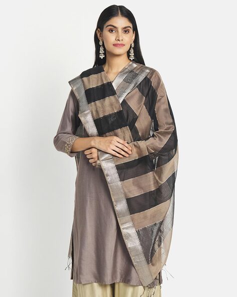 Striped Hand Woven Dupatta with Tassels Price in India