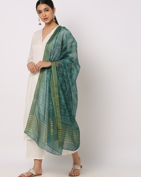 Floral Print Dupatta with Striped Border Price in India