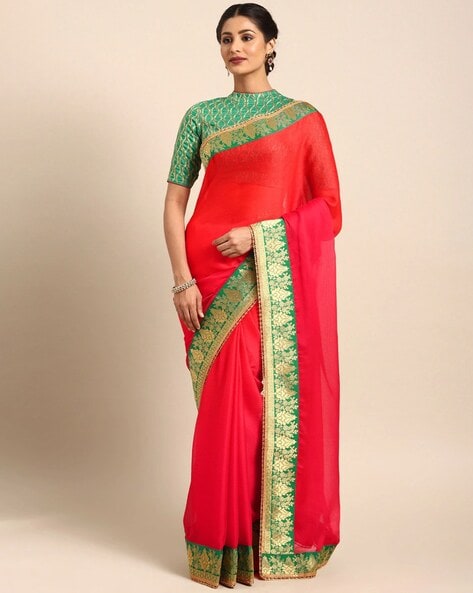 SITANJALI FANCY WOMEN MOSS CHIFFON SAREE WITH UNSTITCHED BLOUSE